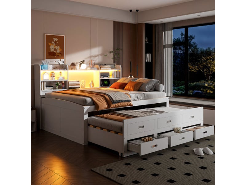  Lit enfant 140x200 cm, avec 3 tiroirs et led télécommandée, en bois, blanc, sans matelas  - Conforama C