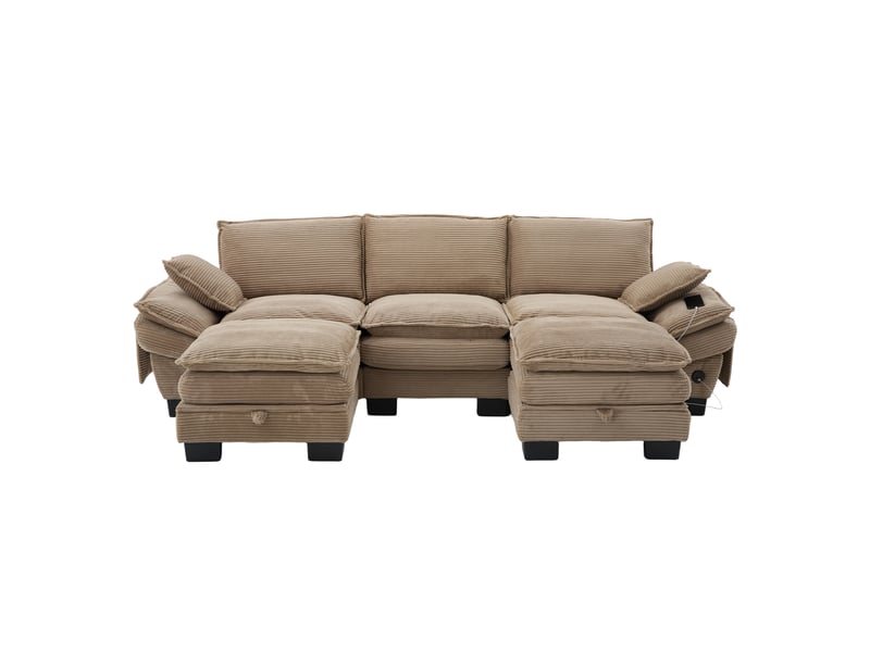 Canapé d'angle 3 places en velours côtelé kaki avec 2 poufs et coffre de rangement intégré - Conforama A