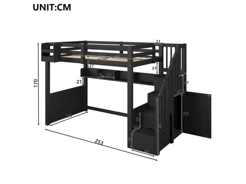  Lit mezzanine 90x200 cm en bois et mdf avec rangements, led et escalier noir  - Conforama C