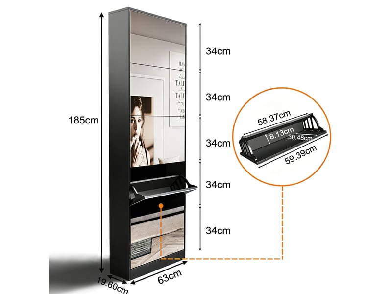  Meuble à chaussures avec miroir 63 x 19,6 x 185 cm – noir – 5 compartiments abattants, format ultra-fin  - Conforama C