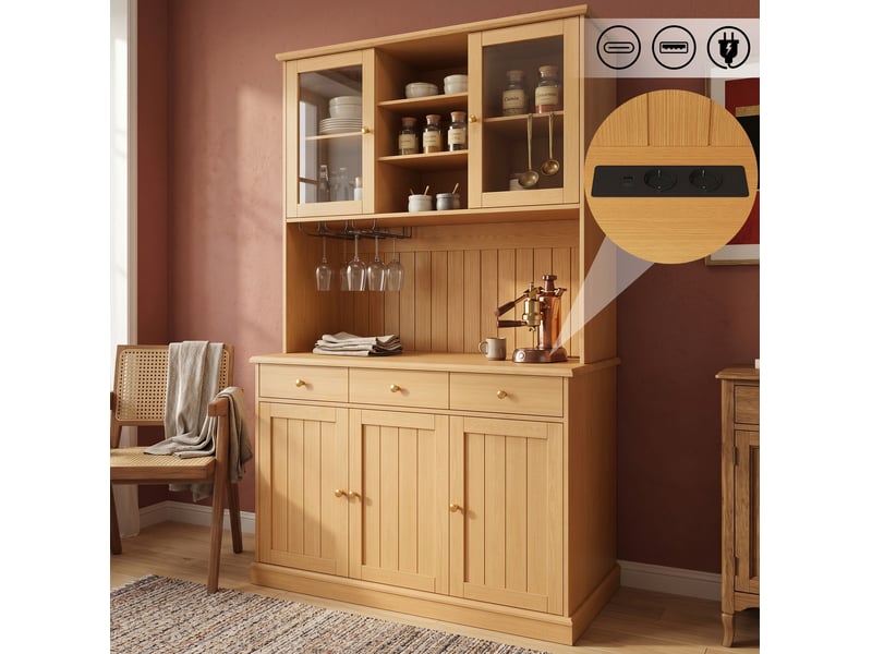 Buffet haut vitré avec tiroir, porte-verres, étagères réglables et prises pour salle à manger, 120 × 40 × 191 cm - Conforama C