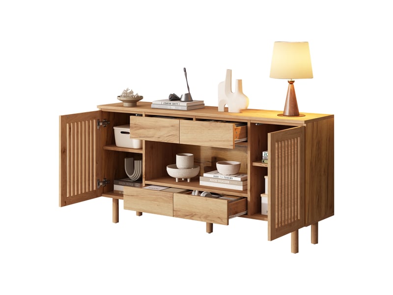  Buffet de rangement 4 tiroirs et 2 portes à lames - lpospi - 5 pieds en bois massif mdf naturel 140 × 35 × 71 cm  - Conforama A