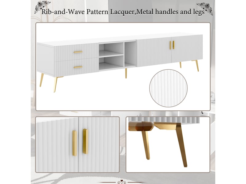  Meuble tv blanc 180 cm avec façade rainurée et rangements, meuble tv pour téléviseur jusqu'à 80 pouces, style moderne  - Conforama W