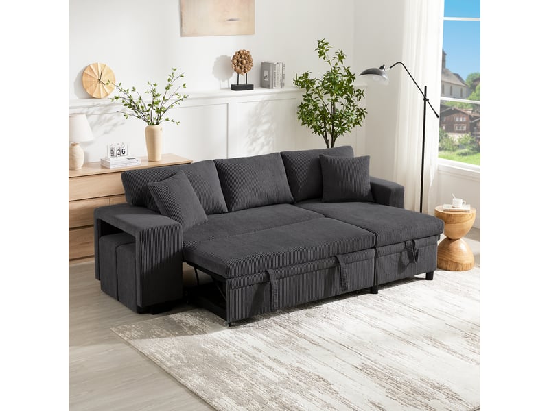 Canapé d'angle convertible 3 places, usbtype-c, rangement caché, étagère latérale, 2 coussins, 231x131,5x84 cm, corduroy, gris Morn Vibe - Conforama B