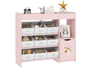Meuble rangement enfant étagère de rangement pour jouets enfants avec 9 tiroirs en tissu et placard, rose