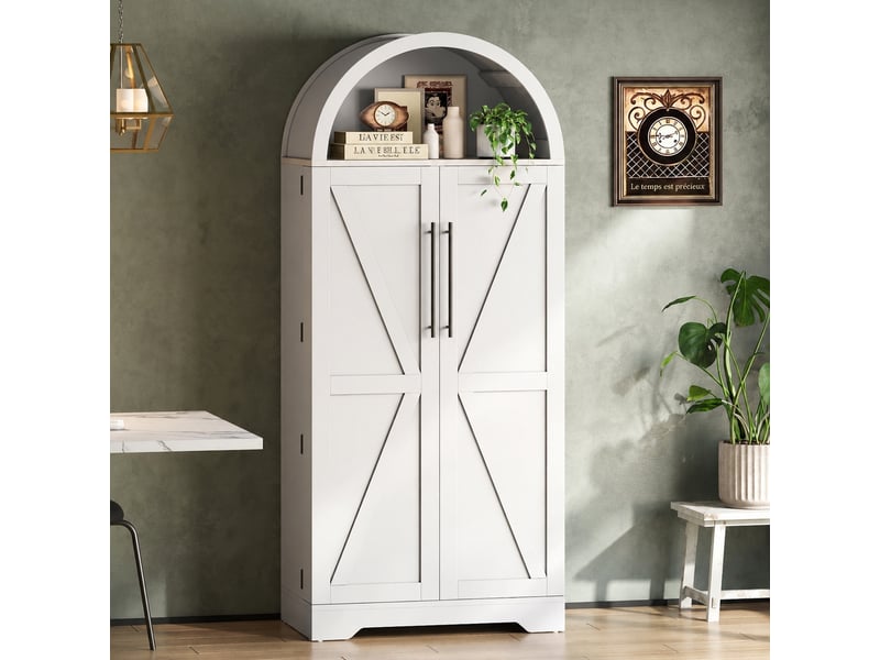  Buffet haut blanc avec niches ouvertes, portes à motif x et rangement pour bouteilles, 70 x 40 x 165 cm  - Conforama C