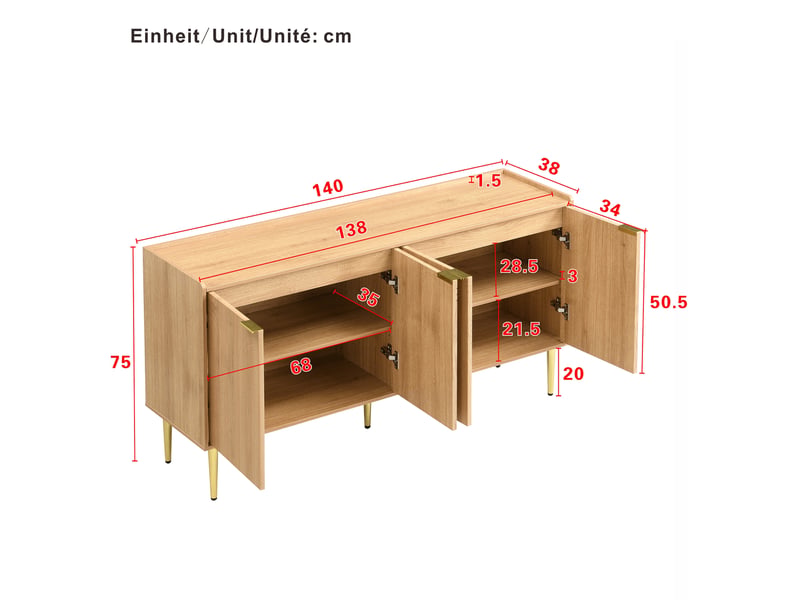 Buffet 4 portes à étagères réglables avec fermeture douce pour salon en mdf 140×38×75 cm naturel - Conforama E