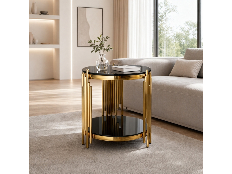 Table d'appoint ronde en verre trempé et acier inoxydable bout de canapé 2 niveaux design moderne pour salon et chambre - Conforama B