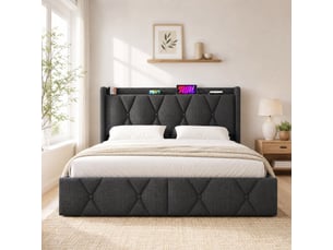 Lit 2 places 160x200 cm, sans matelas, lin gris, port usb, sommier à lattes, tête de lit, doté de 4 tiroirs