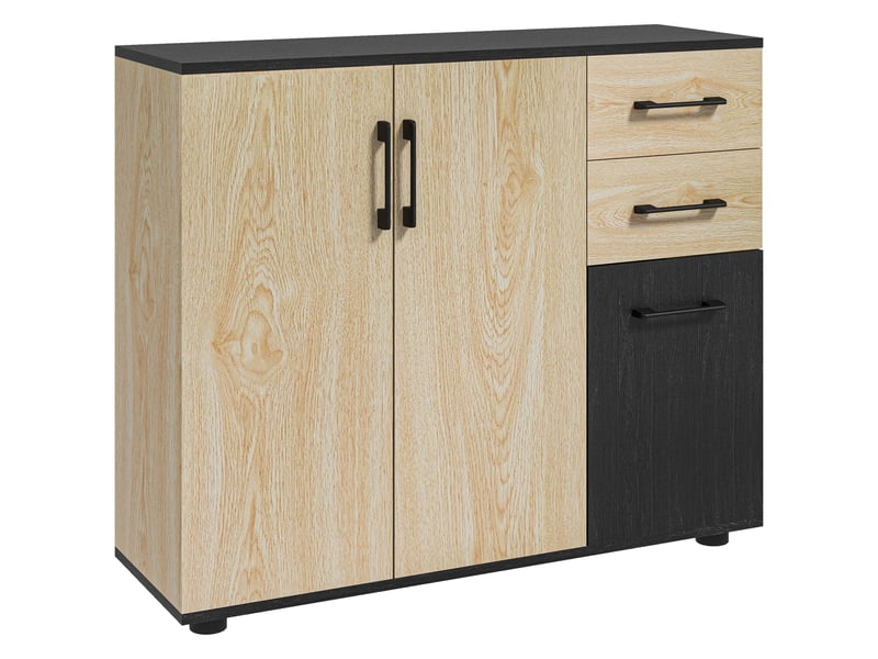 Meuble buffet de rangement cuisine 2 placards étagère réglable 2 tiroirs naturel noir 90 x 30 x 75,5 cm  - Conforama B