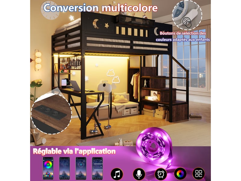 Lit mezzanine 140x200 cm coloris noir avec bureau intégré, lit superposé enfant avec usb et led, sans matelas - Conforama E