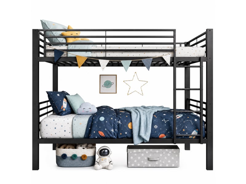  Lit superposé, 90x200 cm, échelle réversible, sommier à lattes, 2 lits simples, matelas non inclus, métal, coloris noir  - Conforama A
