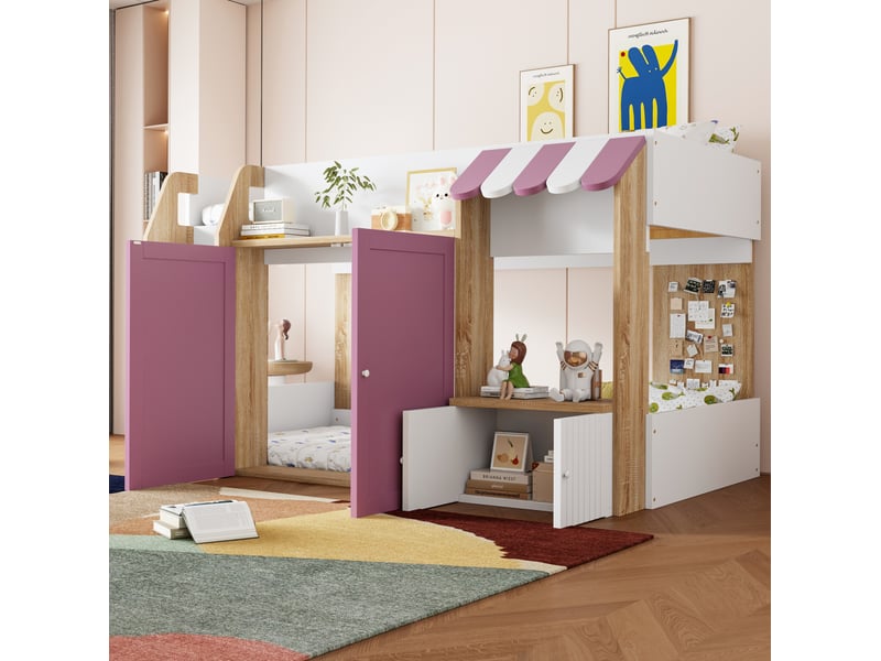  Lit mezzanine enfant 90 x 200 cm blanc, rose et couleur bois avec échelle et rangement  - Conforama B