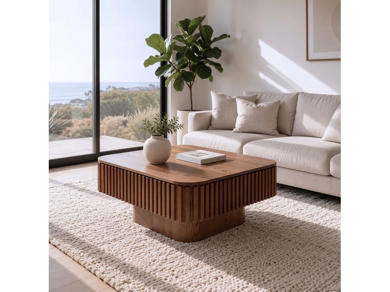  Table basse carrée avec rangement caché, mdf plaqué bois, coloris noyer, 75 x 75 x 35 cm  - Conforama C