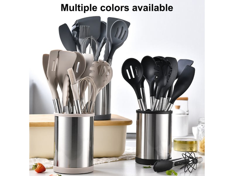  Ensemble de 12 ustensiles de cuisine en acier inoxydable et silicone avec seau de rangement rotatif, gris  - Conforama B