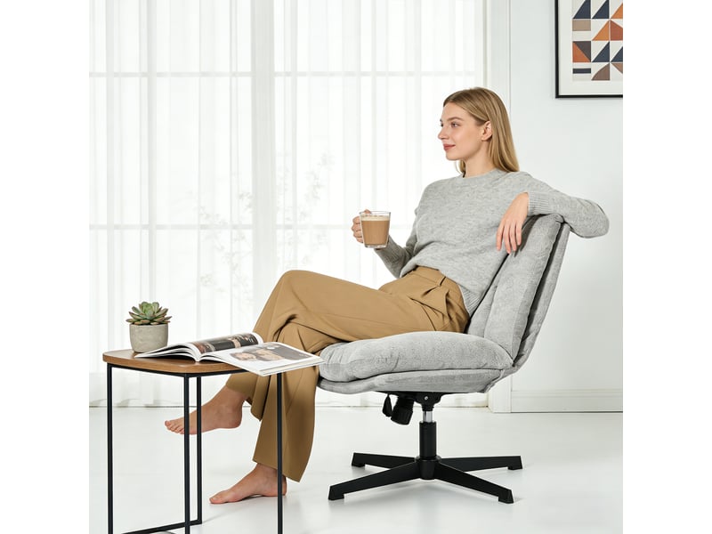 Fauteuil salon pivotant sur 360°, réglable en hauteur, sans accoudoirs, en tissu chenille, gris - Conforama W