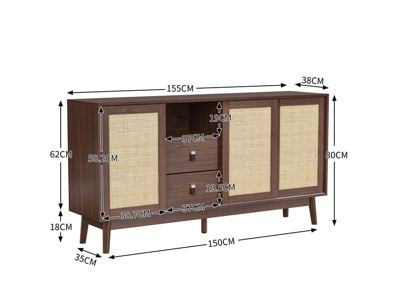  Buffet bas modenvie en rotin naturel 155 x 38 x 80 cm avec 3 portes coulissantes et 2 tiroirs bois foncé  - Conforama C