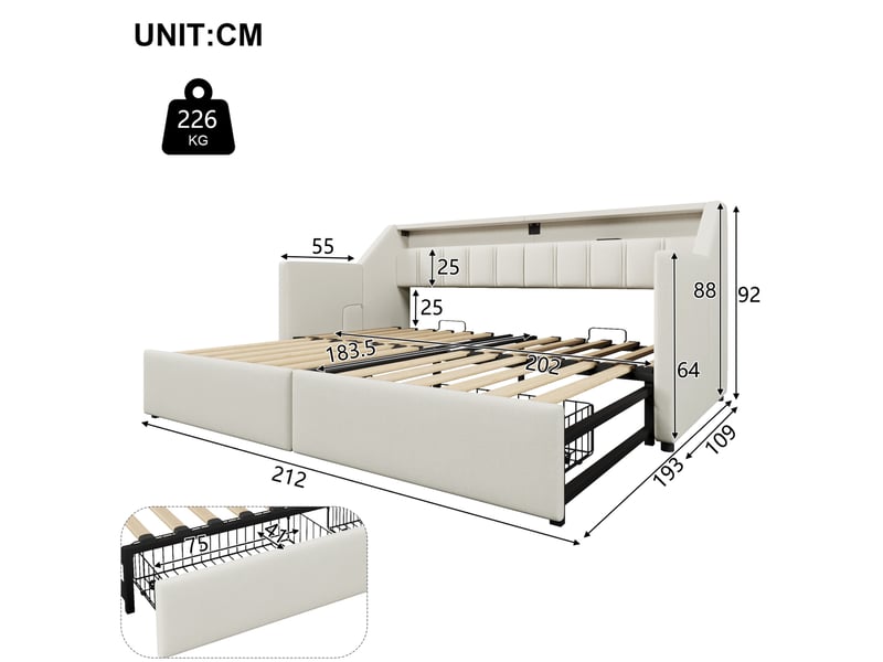  Lit gigogne 90x200 cm avec 2 tiroirs, led, usb et type c en lin et mdf beige  - Conforama E