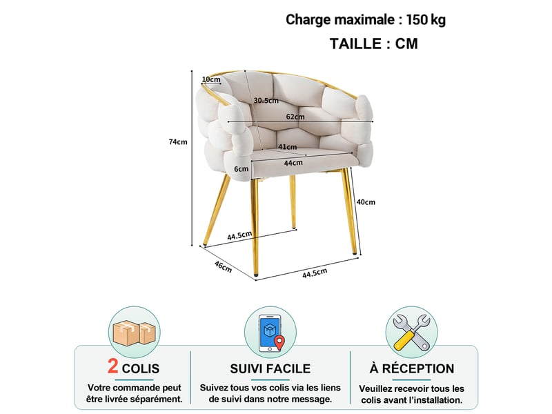 Chaise de salle à manger lot de 4 en velours avec dossier rembourré et pieds métalliques dorés beige, 44×41×74 cm - Conforama D