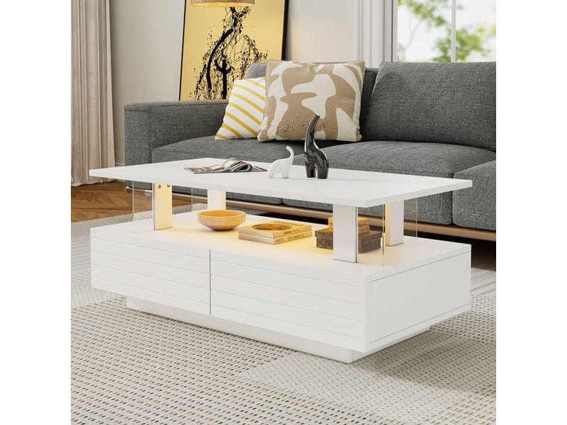  Table basse brillante - led contrôle app bluetooth &amp; 2 tiroirs - blanc - idéal soiréebureau 100x50x42cm - Conforama C