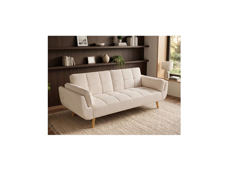  Canapé convertible nevisi 3 places 215x82 cm - tissu côtelé beige - couchage 165x100 cm  - Conforama B