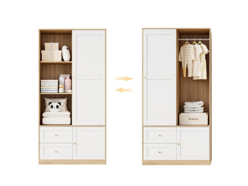 Armoire coulissante autoportante 90x50x180 cm – penderie semi-ouverte, bois et blanc, 2 tiroirs - Conforama E
