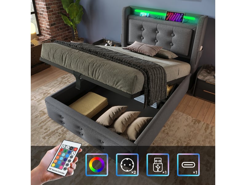  Lit coffre enfant 90x200 cm avec led, port usb type-c, cadre en métal et sommier, coton lin, gris, sans matelas  - Conforama W
