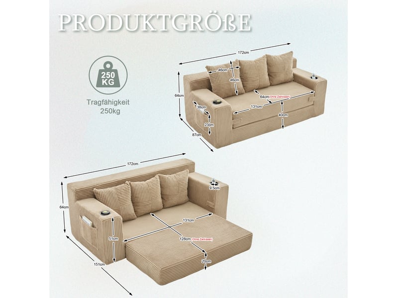  Canapé modulable 3 places modenvie en velours côtelé kaki avec porte-gobelets et poches latérales  - Conforama C