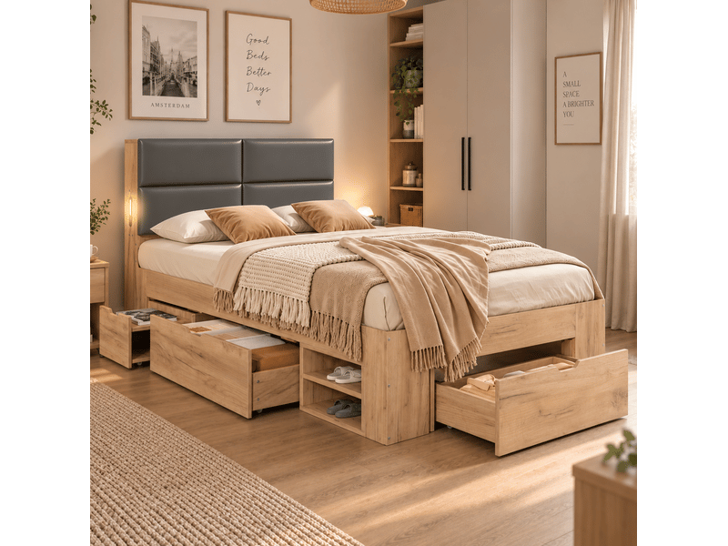 Lit enfant 90x200 cm, lit simple avec rangement, usb, usb-c et tête de lit en pu, naturel, sans matelas - Conforama B