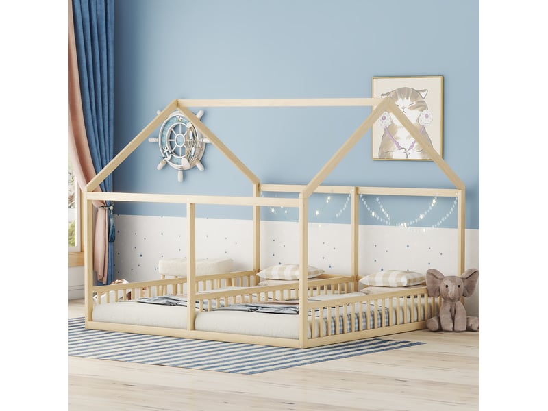  Lit enfant 2 en 1 90 x 200 cm, modèle maison, deux lits simples, naturel, cadre en pin pour chambre  - Conforama C