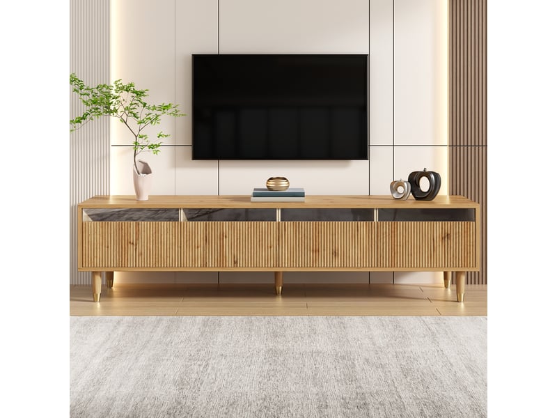  Meuble tv avec 4 tiroirs et passe-câbles, style minimaliste pour salon, en mdf, bois naturel, 178 x 35 x 45 cm  - Conforama C