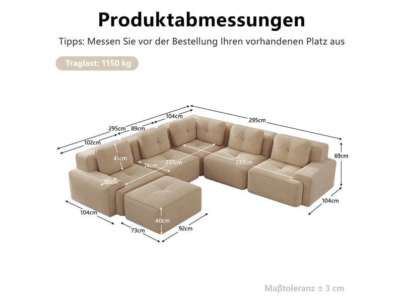  Grand canapé panoramique modulable velours côtelé beige – 295 x 295 x 69 cm Fay Lum - Conforama C