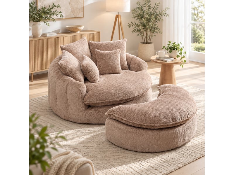 Fauteuil lounge géant 190,5 x 138 x 63 cm café, mousse et tissu polyester, dossier réglable et coussin - Conforama B