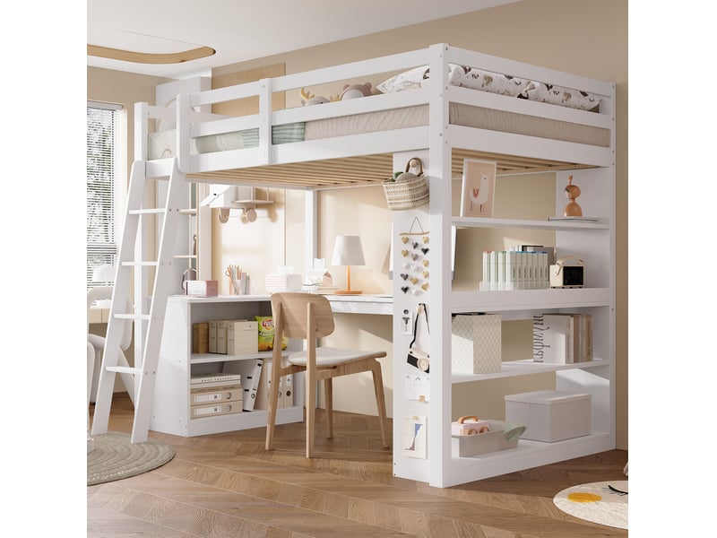  Lit mezzanine, 90x200 cm, tablette d'angle, échelle en biais, matelas non inclus, lin et bois et mdf, coloris blanc  - Conforama B