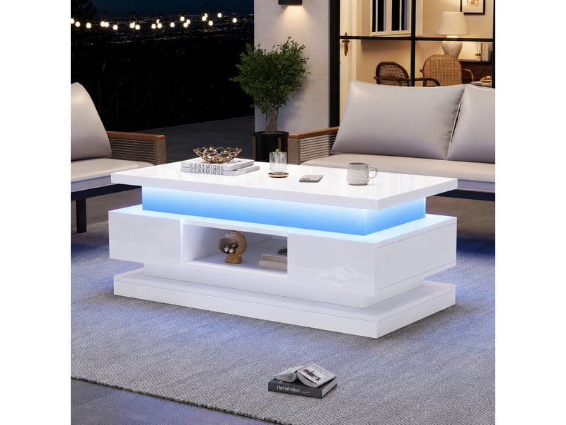  Table basse relevable blanche avec deux tiroirs, rangement caché et éclairage led, 100 x 50 cm  - Conforama D