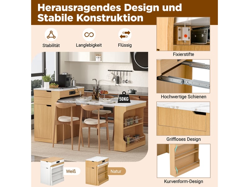  Naturel table à manger extensible avec rangement, design moderne, structure fonctionnelle pour cuisine et salle à manger  - Conforama E