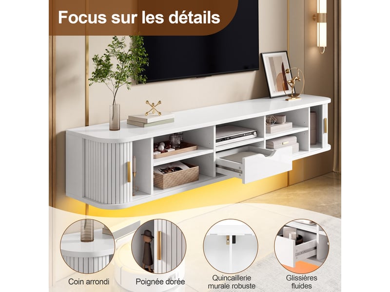  Meuble tv mural 175 x 30 x 30 cm, design à cannelures verticales, éclairage led en partie basse, structure en mdf, blanc  - Conforama E