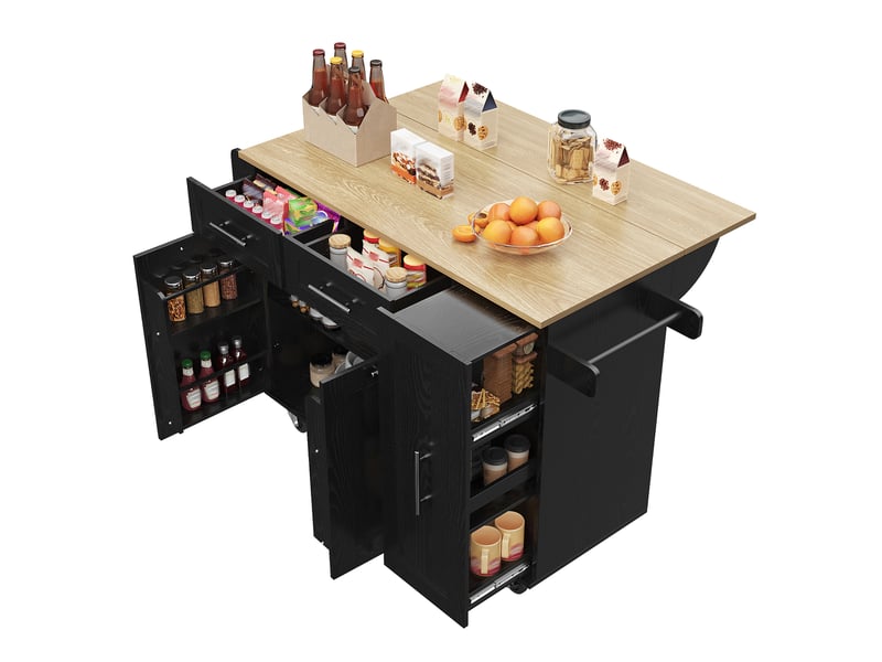  Îlot de cuisine moderne noir avec plateau rabattable, desserte sur roulettes, table à manger multifonctionnelle en métal et mdf, 110 cm  - Conforama A