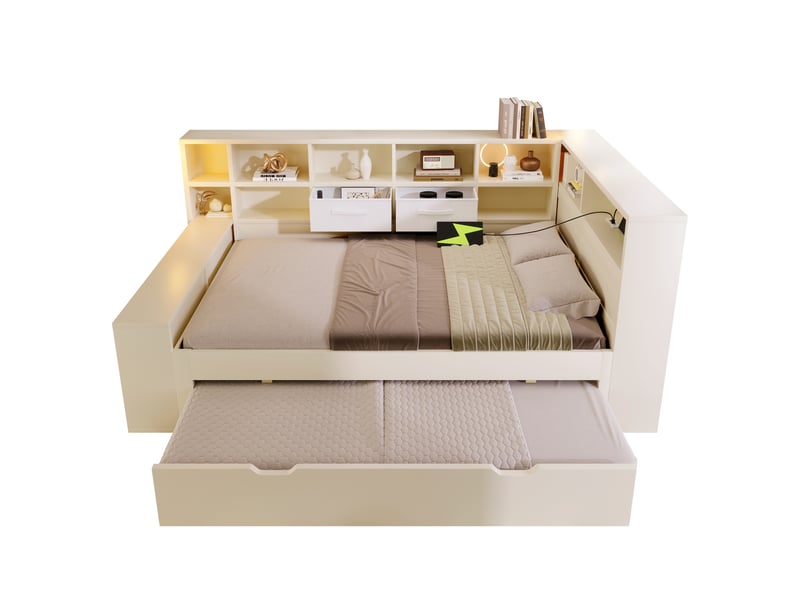 Lit double avec rangement 140x190 et lit gigogne 90x190 - bois blanc, ports usb, 8 casiers - Conforama A