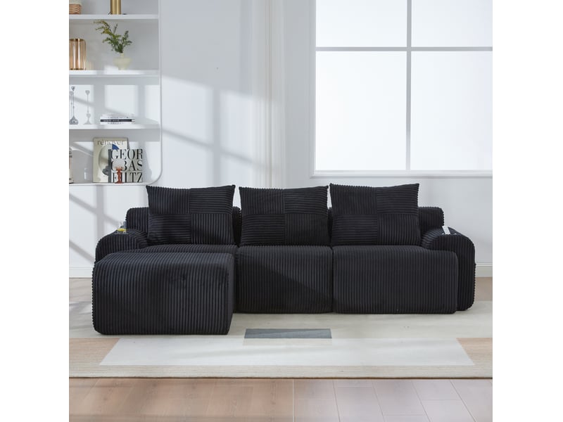 Canapé modulaire 3 places 268x174x80 cm, velours côtelé noir, assise généreuse, poche latérale, porte-gobelet, pouf inclus - Conforama E