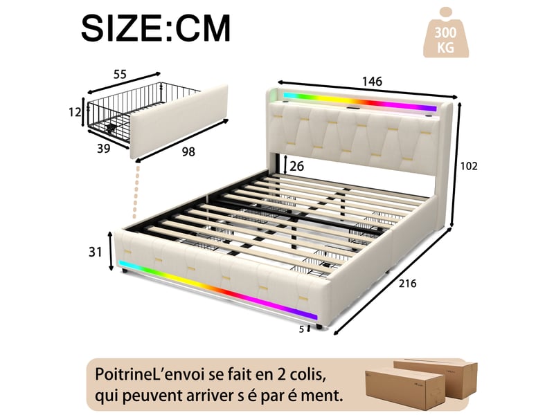 Lit 140x200 cm beige avec rangement, led, 4 tiroirs, ports usb+type-c sans matelas EBD855F-BG - Conforama D