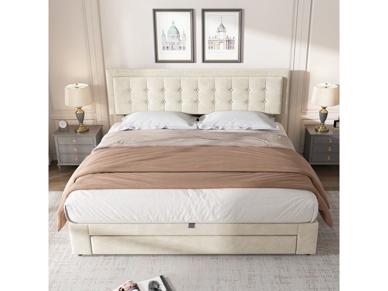  Lit double rembourré 180x200 cm avec coffre et tiroirs de rangement, lit avec sommier à lattes et grand espace de stockage, velours, beige OPULERANE TRADING LTD - Conforama D
