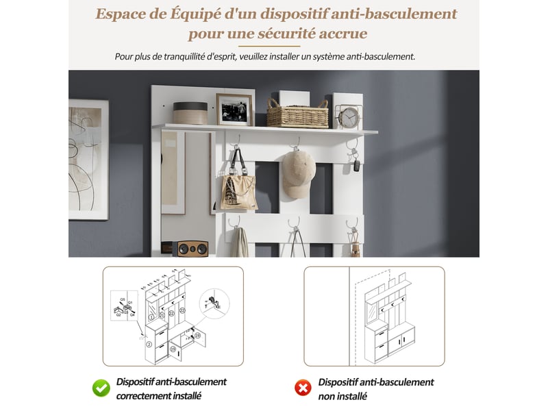  Meubles d'entrée avec 2 portes abattantes, 2 portes, miroir, 6 crochets et banc en mdf 120×30×180 cm blanc  - Conforama E