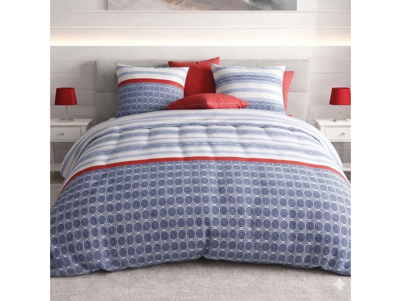  Parure housse de couette 240x220cm + 2 taies motif bleu blanc et rouge 100% coton - taorini TAORINI - Conforama A