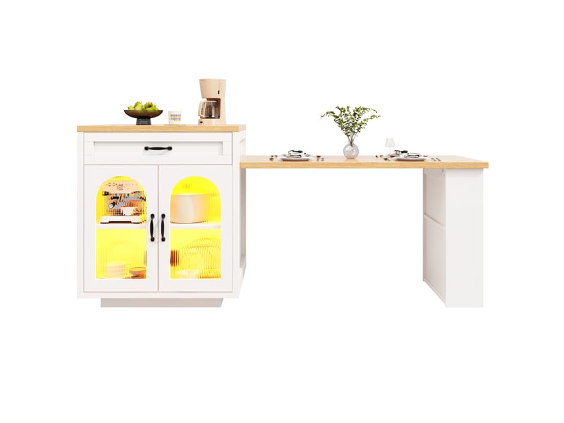  Desserte de cuisine extensible avec 2 tiroirs et led rgb en mdf 126–196×59×94 cm blanc  - Conforama A