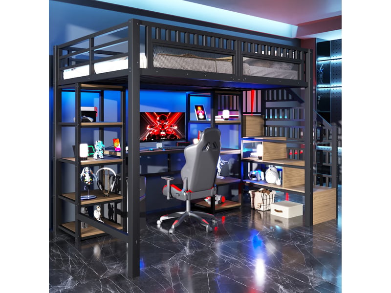  Lit mezzanine 140 x 200 cm noir avec bureau, escalier de rangement, led et usb  - Conforama B