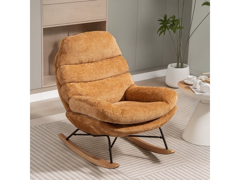  Fauteuil à bascule rembourré avec pieds en acier et patins en bois, jaune  - Conforama D