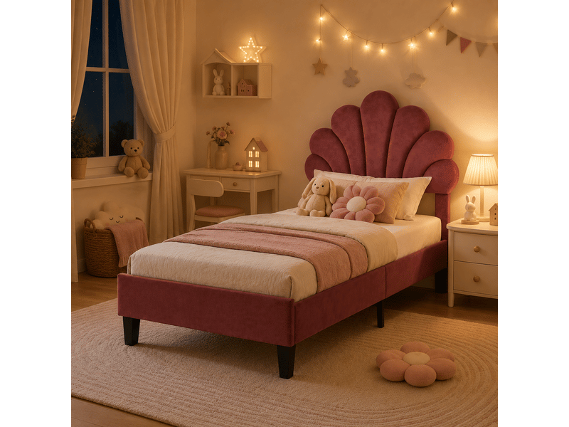 Lit enfant rembourré 90x200, lit simple avec tête de lit en forme de fleur et sommier à lattes, lits 1 personne pour fille adolescent, velours, sans matelas, bordeaux - Conforama B