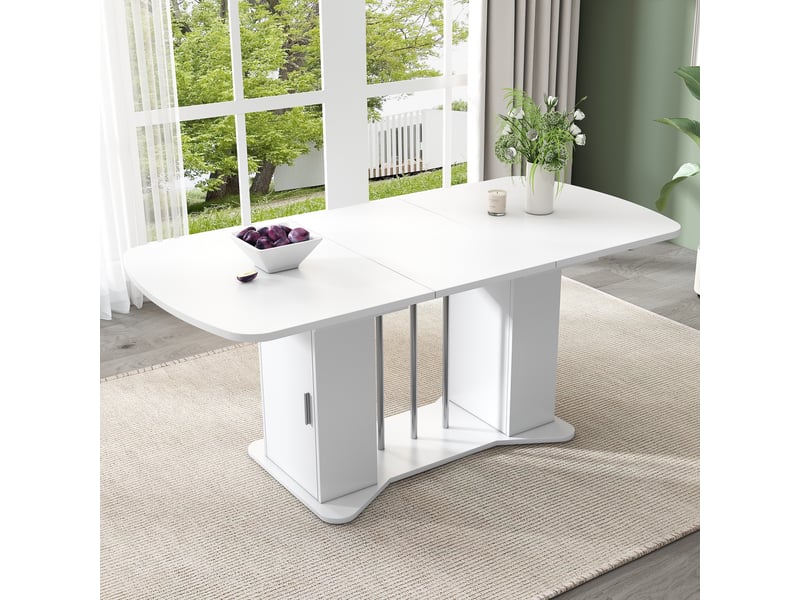  Table à manger extensible rectangulaire en mdf avec 2 portes et pieds en métal plaqué argent,120160x80cm,blanc table blanc - Conforama B