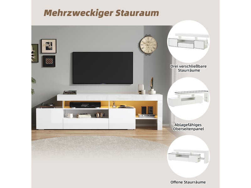  Meuble tv led 192 x 37 x 53 cm blanc brillant, 3 placards, grand rangement, jusqu’à 85 pouces  - Conforama D
